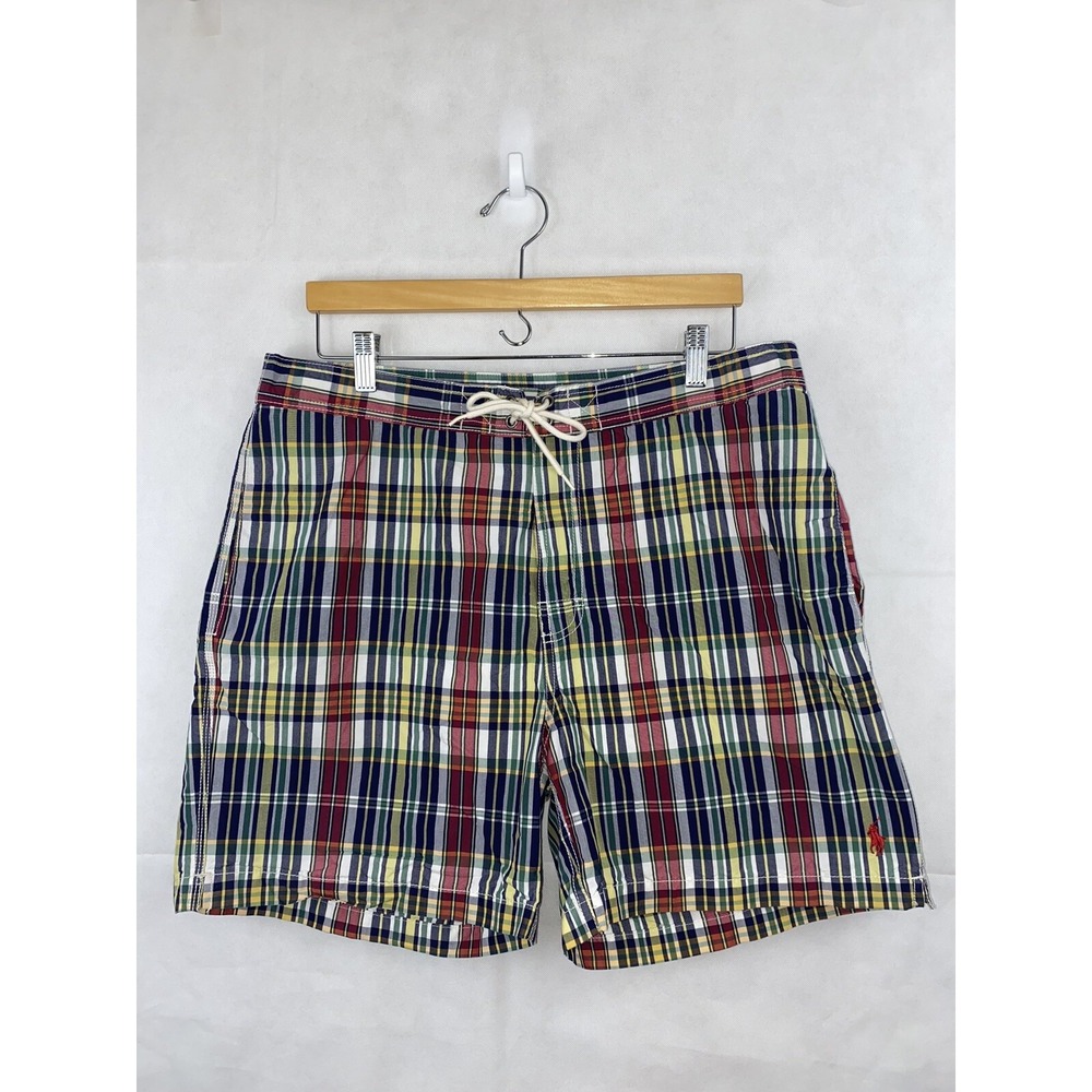 Polo Ralph Lauren Swimwear L Plaid Swim Shorts Trunks Drawstring Red Blue Yellow